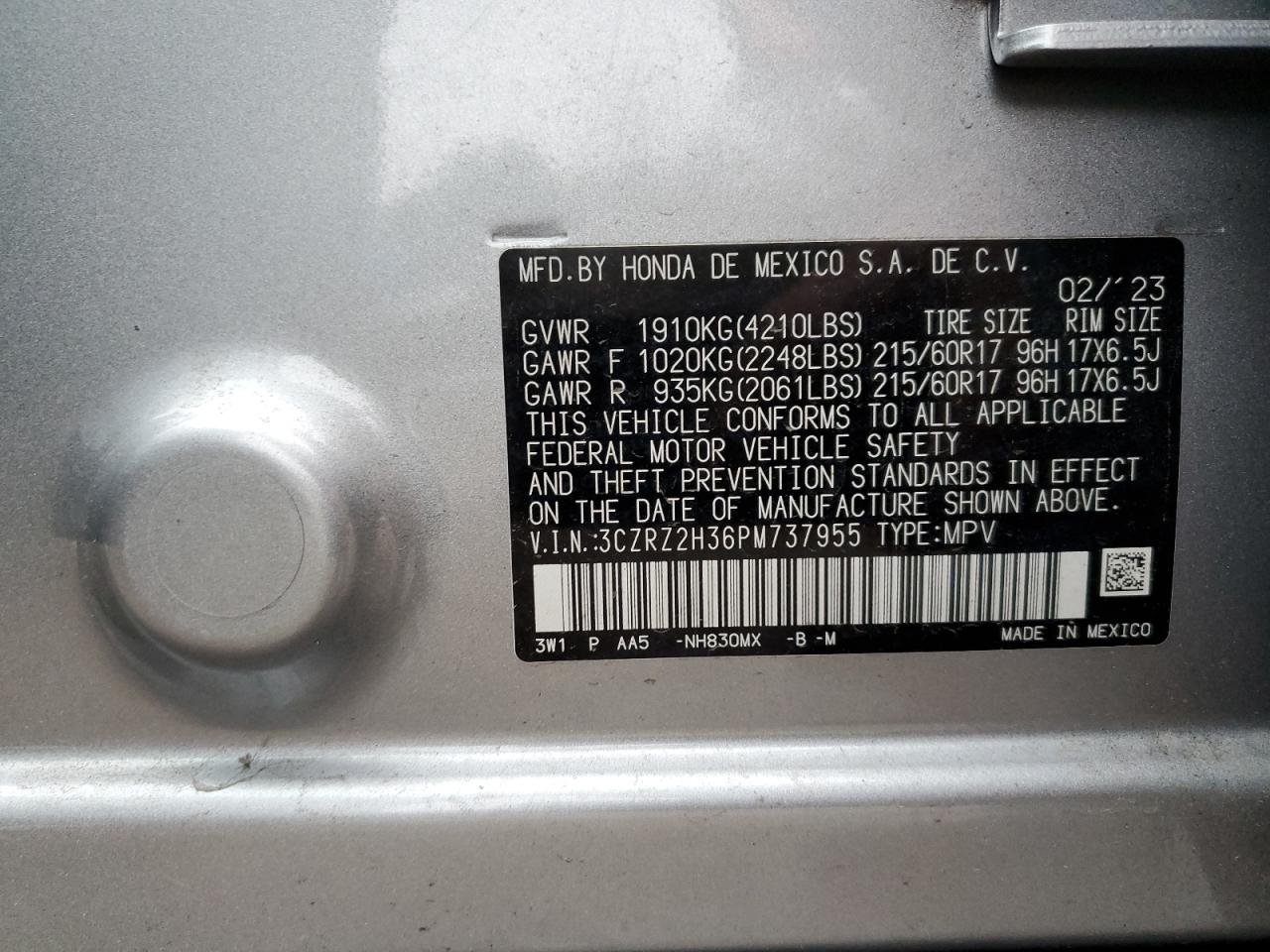 2023 HONDA HR-V LX VIN:3CZRZ2H36PM737955