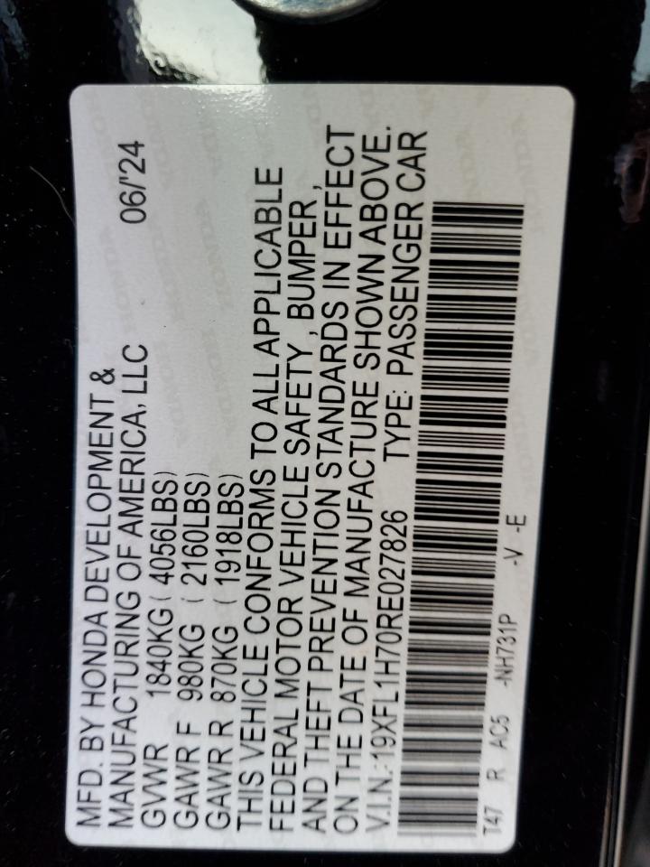 2024 HONDA CIVIC EXL VIN:19XFL1H70RE027826