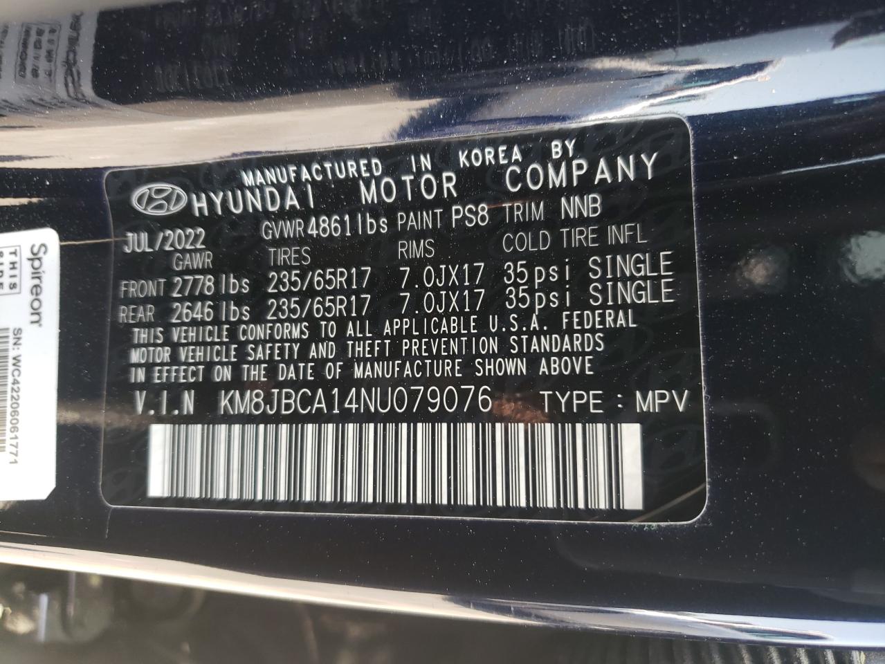 2022 HYUNDAI TUCSON BLUE VIN:KM8JBCA14NU079076