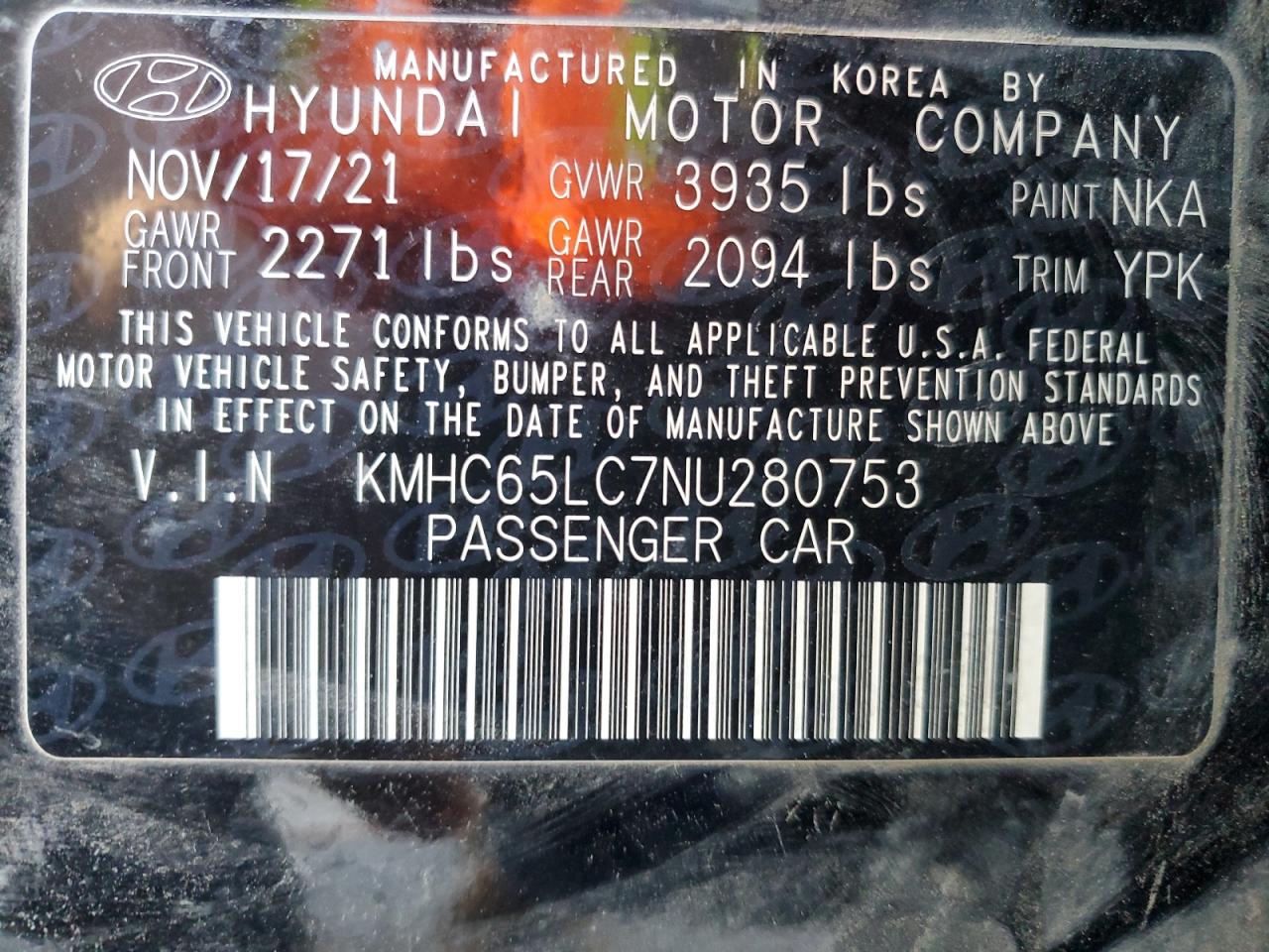 2022 HYUNDAI IONIQ BLUE VIN:KMHC65LC7NU280753