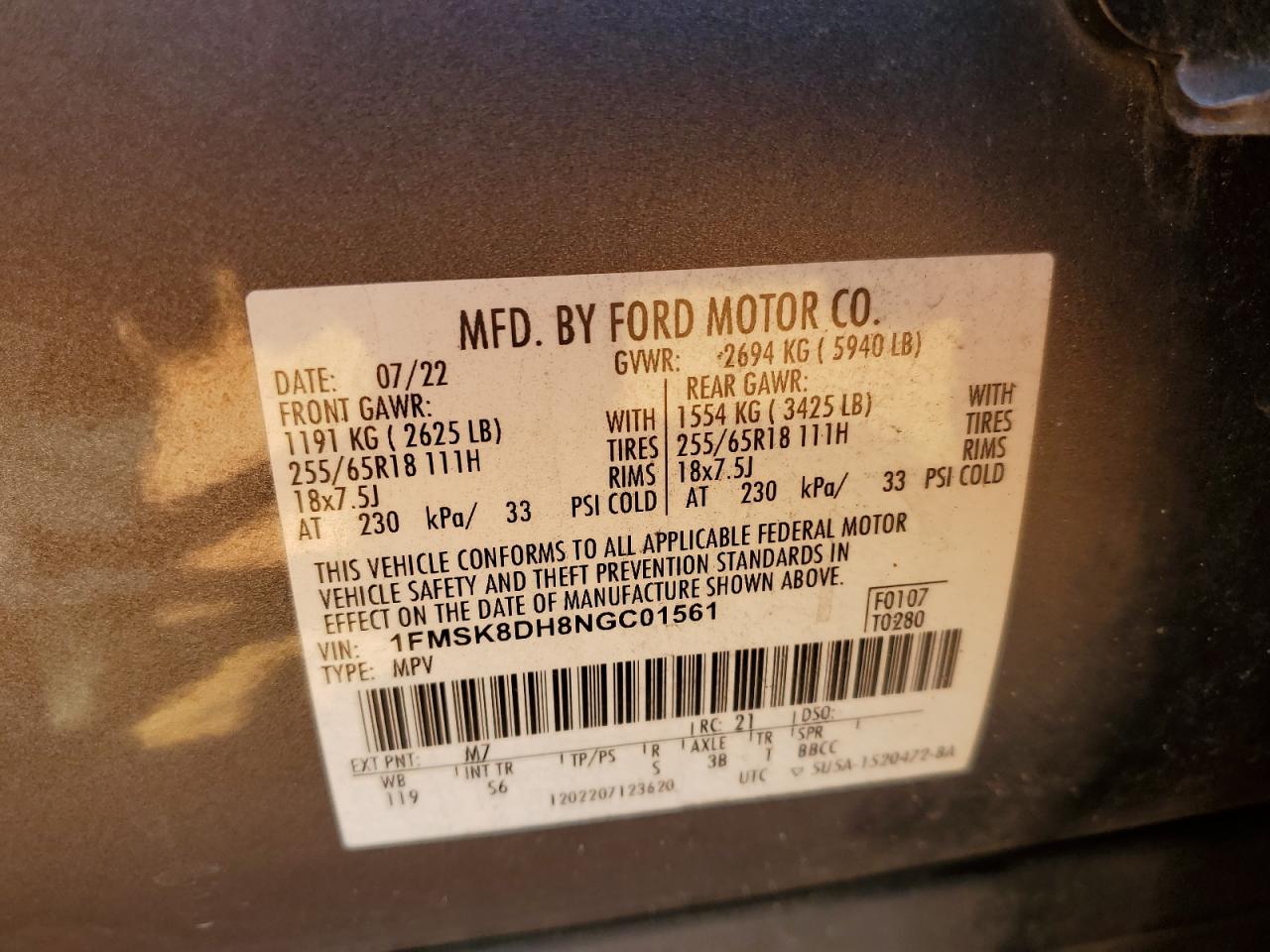 2022 FORD EXPLORER XLT VIN:1FMSK8DH8NGC01561