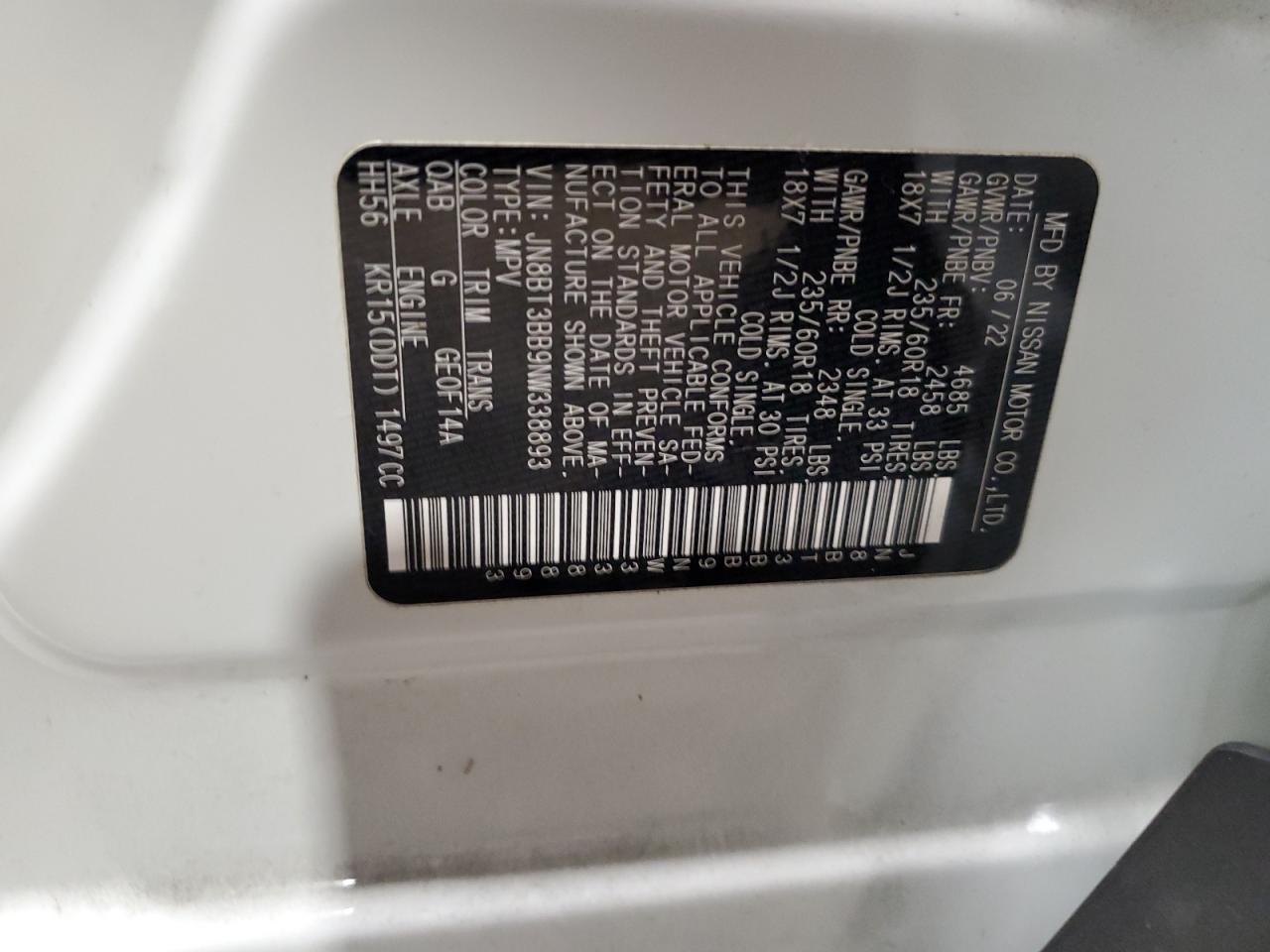 2022 NISSAN ROGUE SV VIN:JN8BT3BB9NW338893