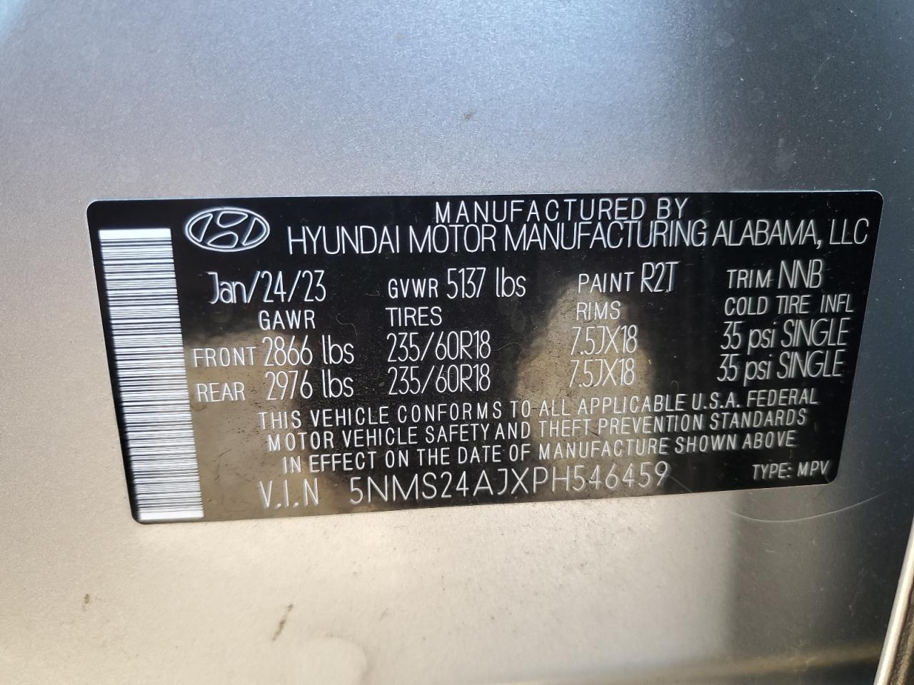 2023 HYUNDAI SANTA FE SEL VIN:5NMS24AJXPH546459