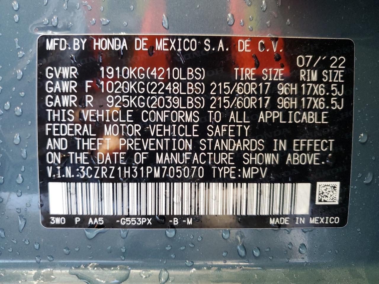 2023 HONDA HR-V LX VIN:3CZRZ1H31PM705070
