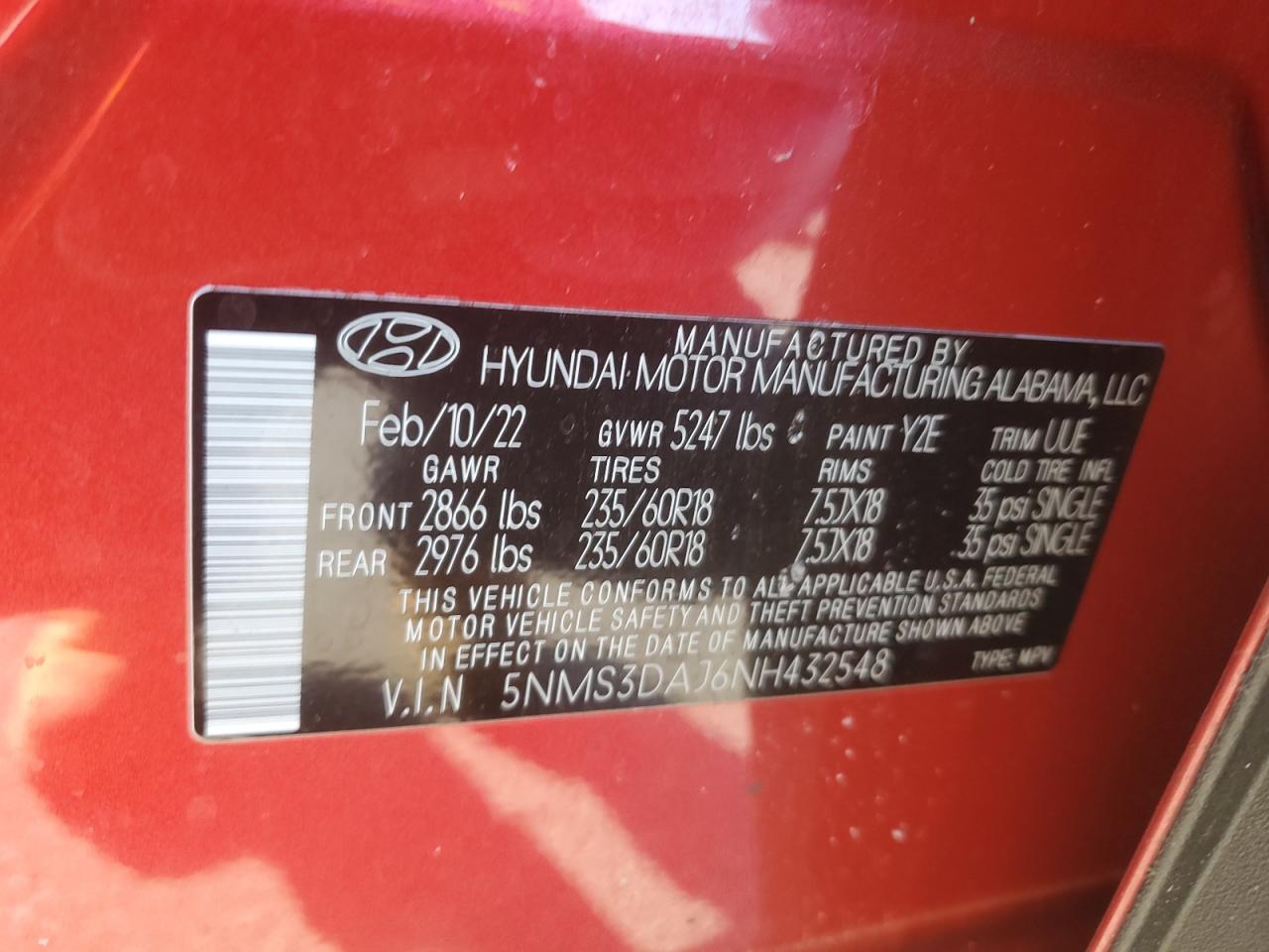 2022 HYUNDAI SANTA FE SEL VIN:5NMS3DAJ6NH432548