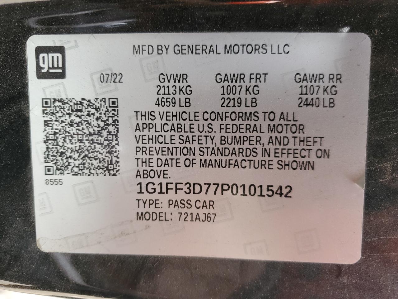 2023 CHEVROLET CAMARO LT1 VIN:1G1FF3D77P0101542