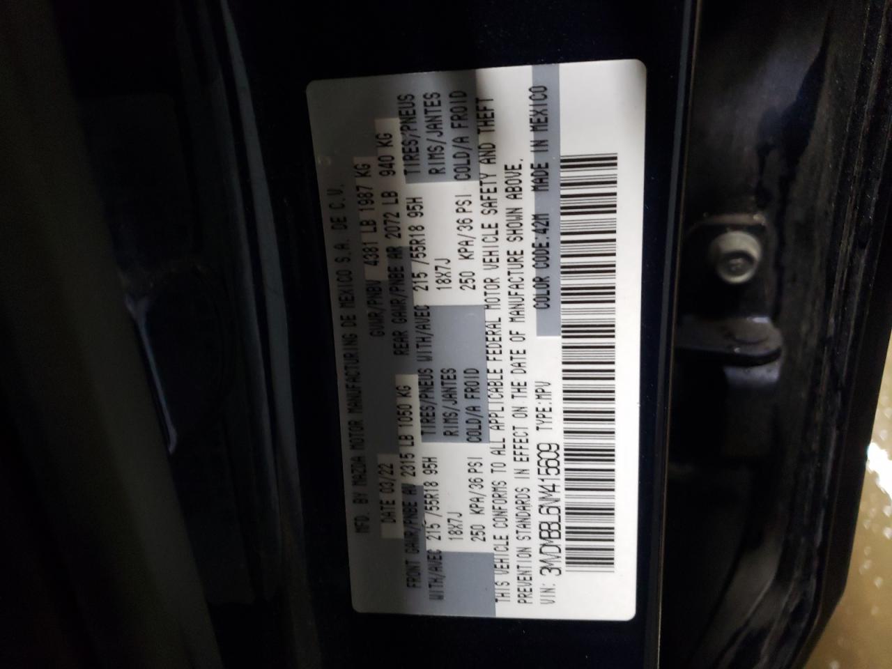 2022 MAZDA CX-30 SELECT VIN:3MVDMBBL6NM415609