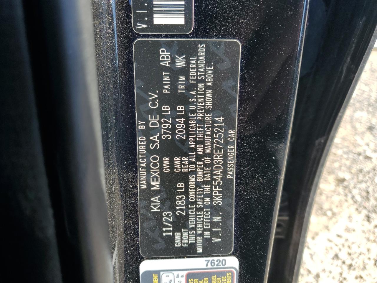 2024 KIA FORTE GT LINE VIN:3KPF54AD3RE725214