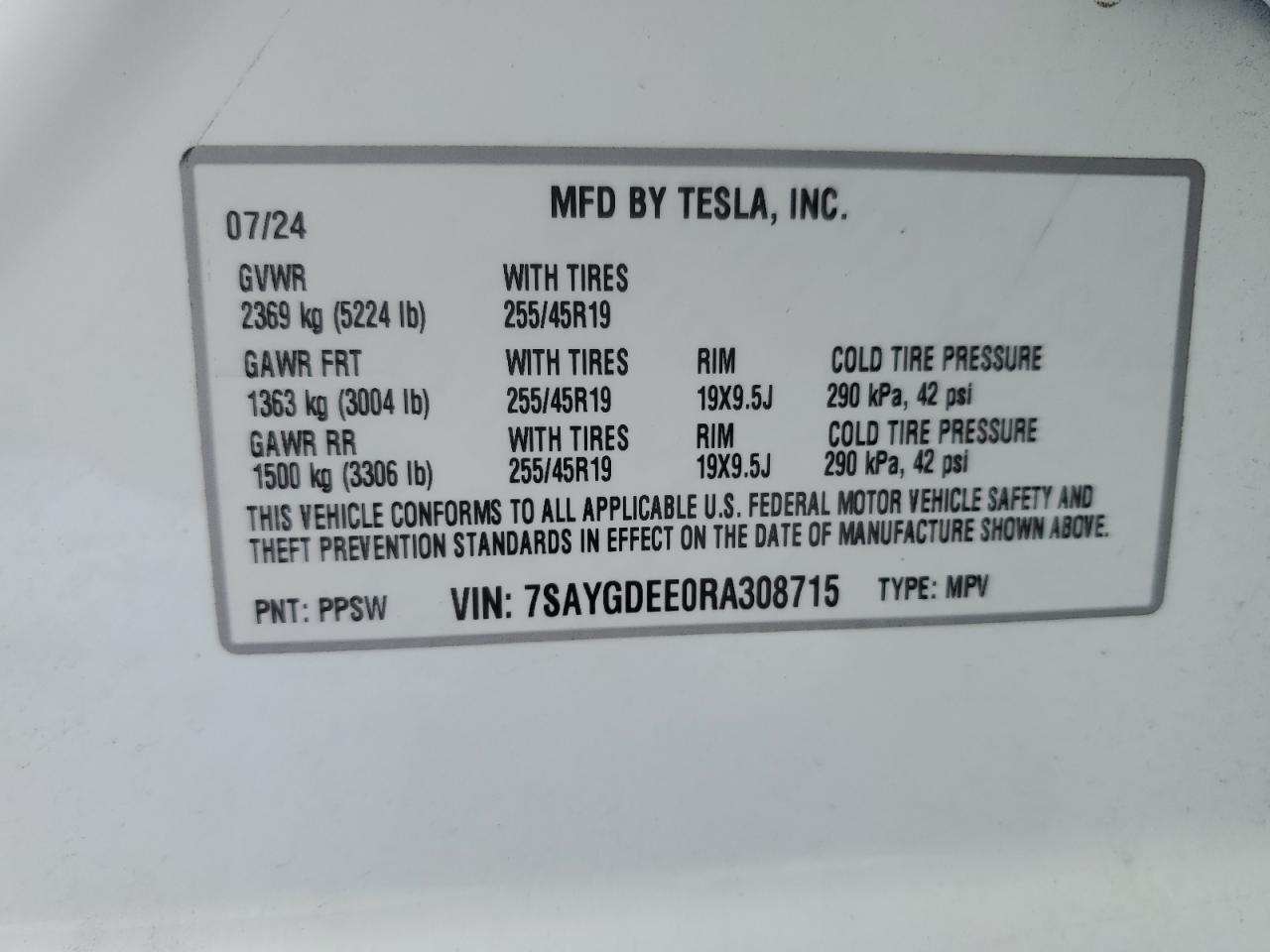 2024 TESLA MODEL Y  VIN:7SAYGDEE0RA308715