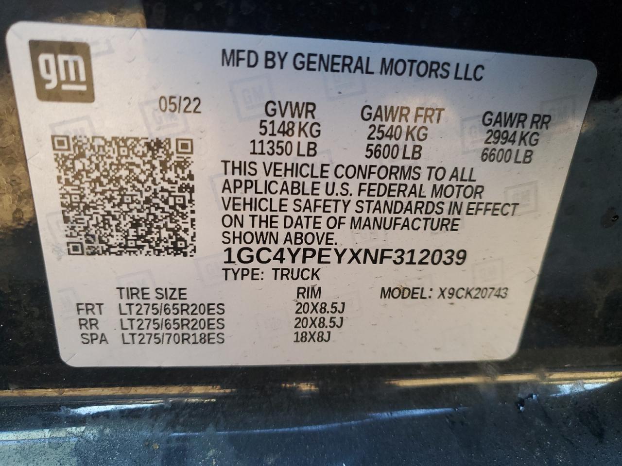 2022 CHEVROLET SILVERADO K2500 HEAVY DUTY LTZ VIN:1GC4YPEYXNF312039