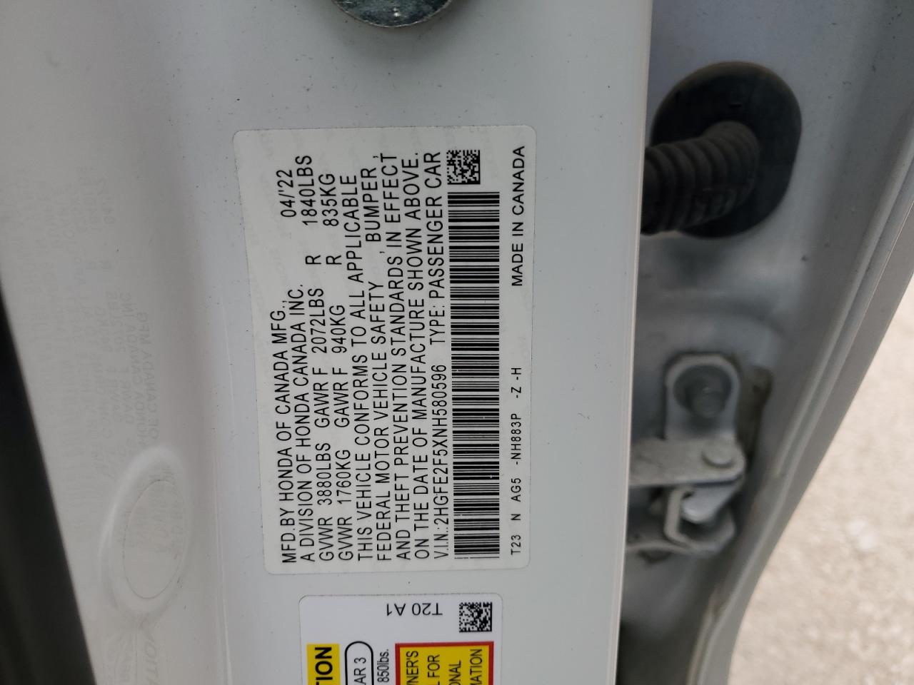 2022 HONDA CIVIC SPORT VIN:2HGFE2F5XNH580596