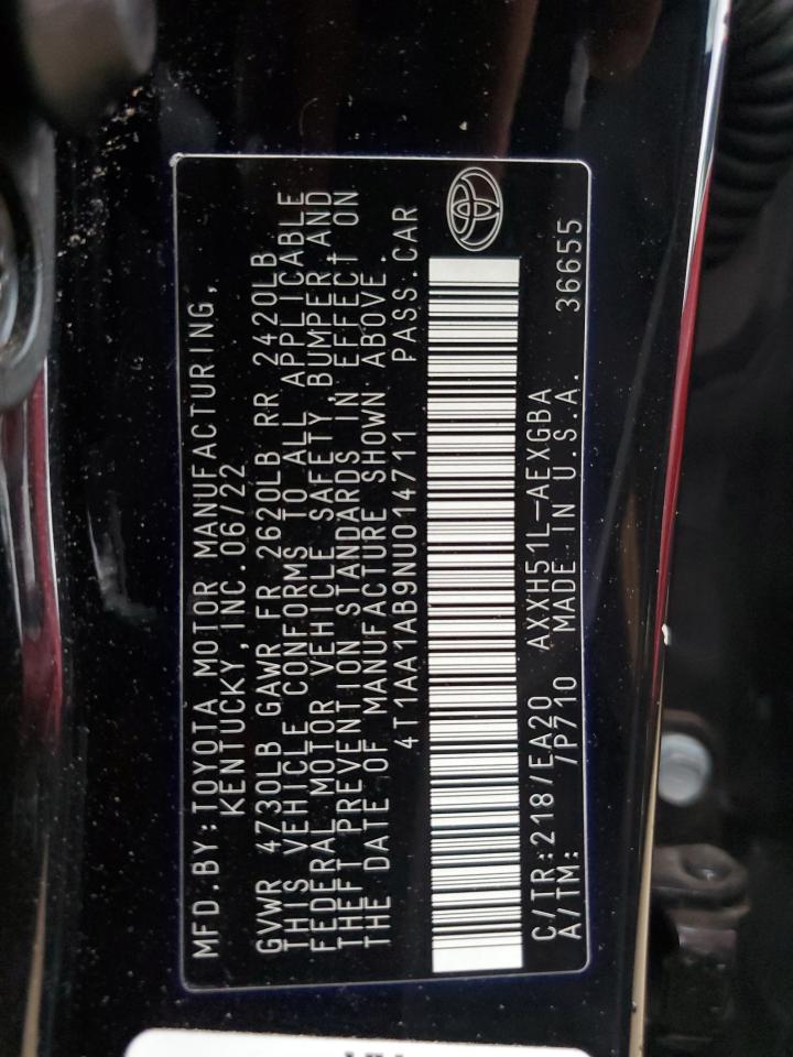 2022 TOYOTA AVALON XLE VIN:4T1AA1AB9NU014711