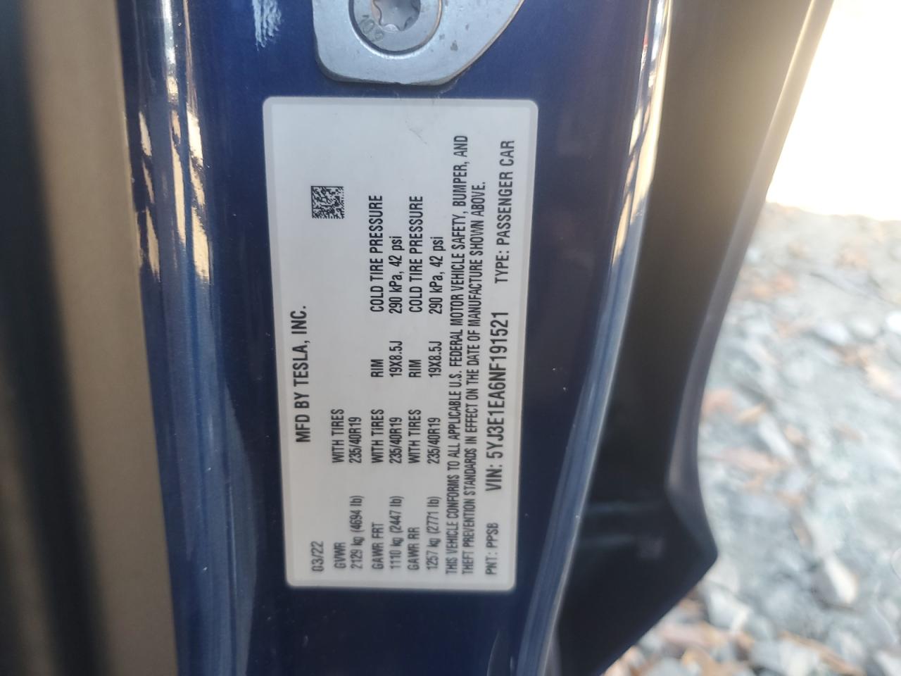 2022 TESLA MODEL 3  VIN:5YJ3E1EA6NF191521