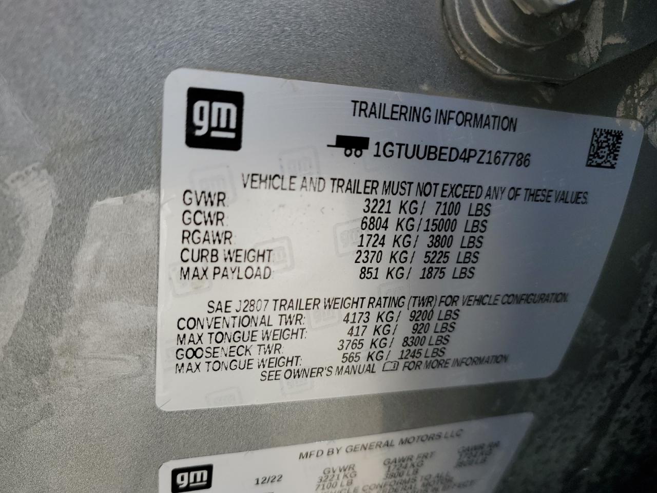 2023 GMC SIERRA K1500 SLE VIN:1GTUUBED4PZ167786