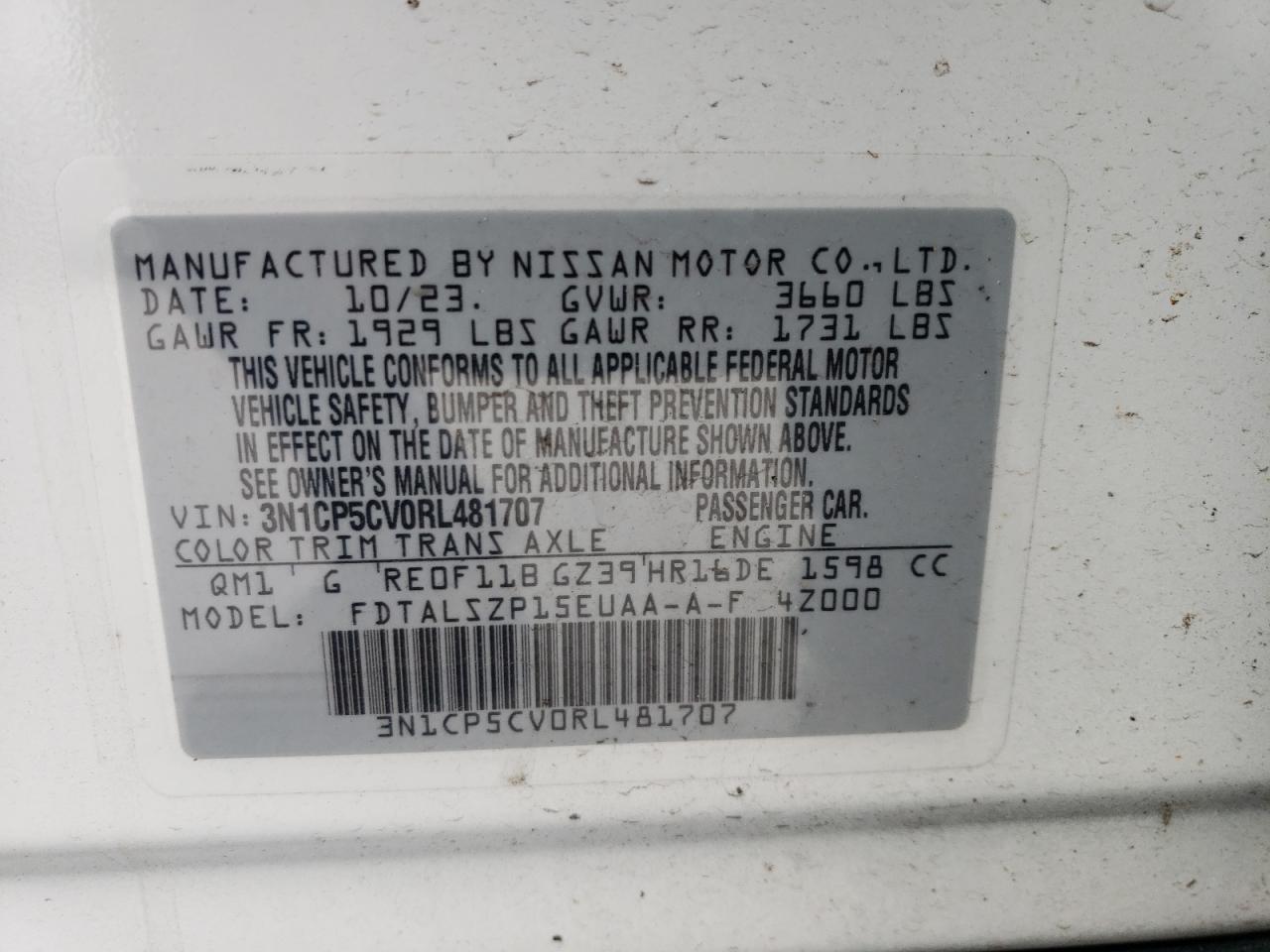 2024 NISSAN KICKS SV VIN:3N1CP5CV0RL481707