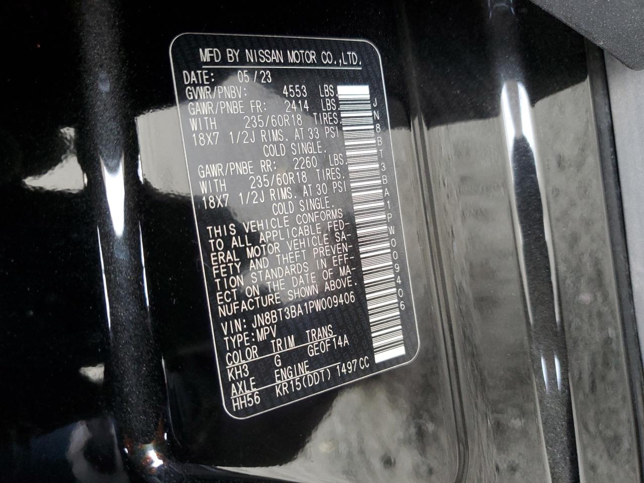2023 NISSAN ROGUE SV VIN:JN8BT3BA1PW009406