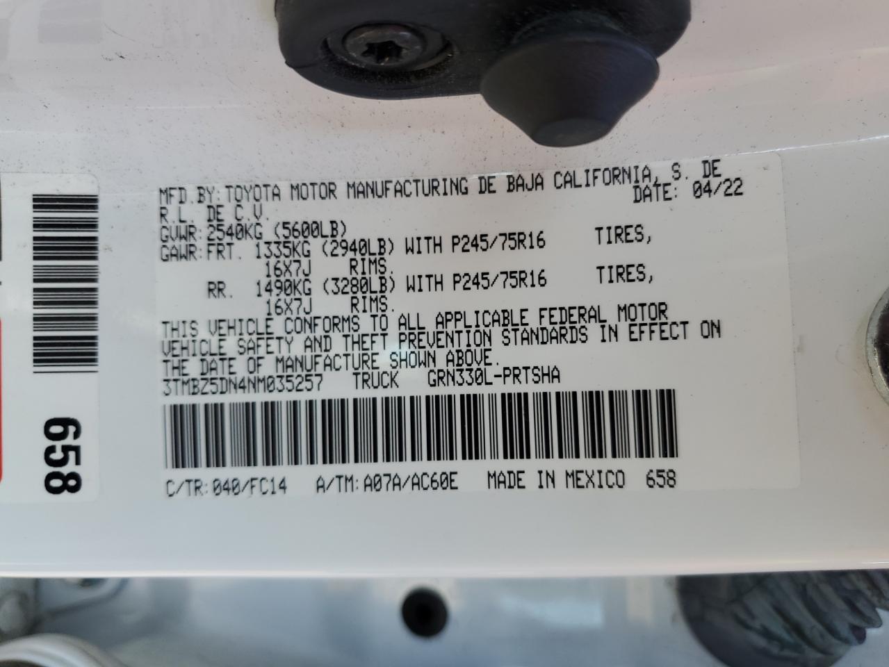 2022 TOYOTA TACOMA DOUBLE CAB VIN:3TMBZ5DN4NM035257