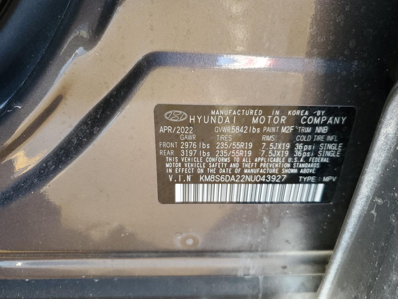 2022 HYUNDAI SANTA FE SEL VIN:KM8S6DA22NU043927