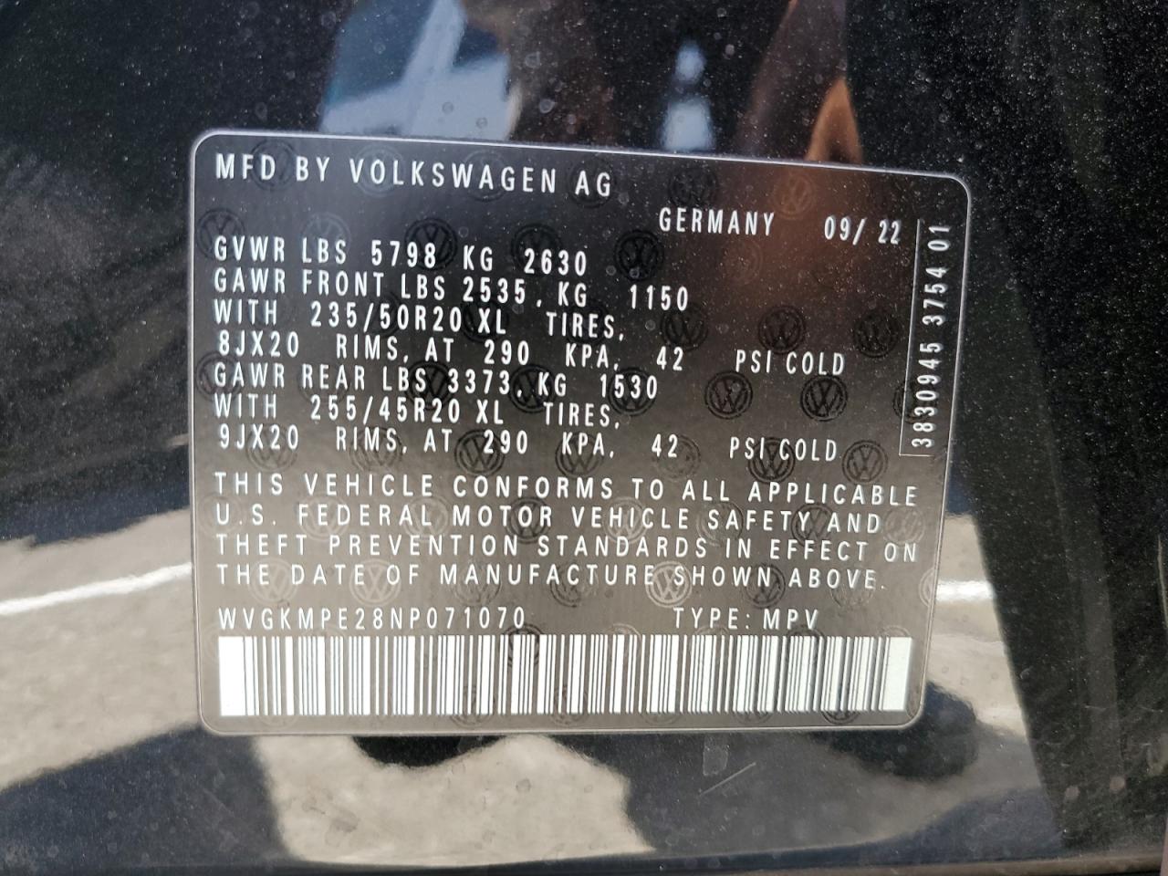 2022 VOLKSWAGEN ID.4 PRO S VIN:WVGKMPE28NP071070