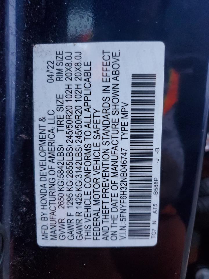 2022 HONDA PILOT SPORT VIN:5FNYF6H32NB046747