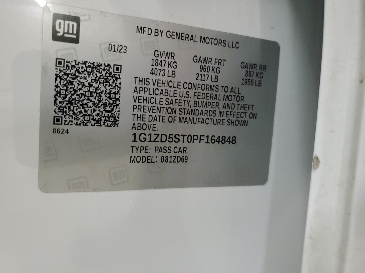 2023 CHEVROLET MALIBU LT VIN:1G1ZD5ST0PF164848