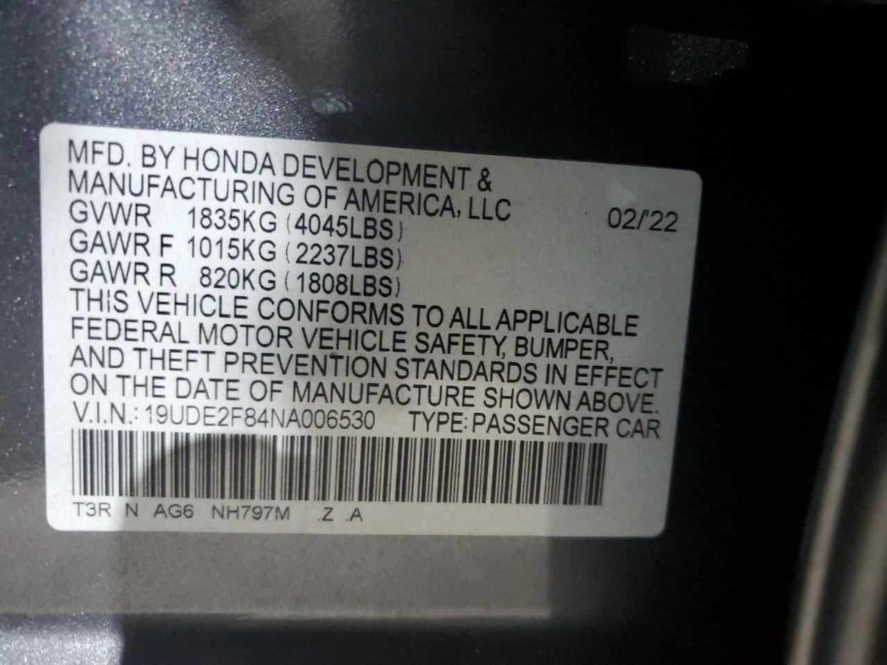 2022 ACURA ILX PREMIUM A-SPEC VIN:19UDE2F84NA006530