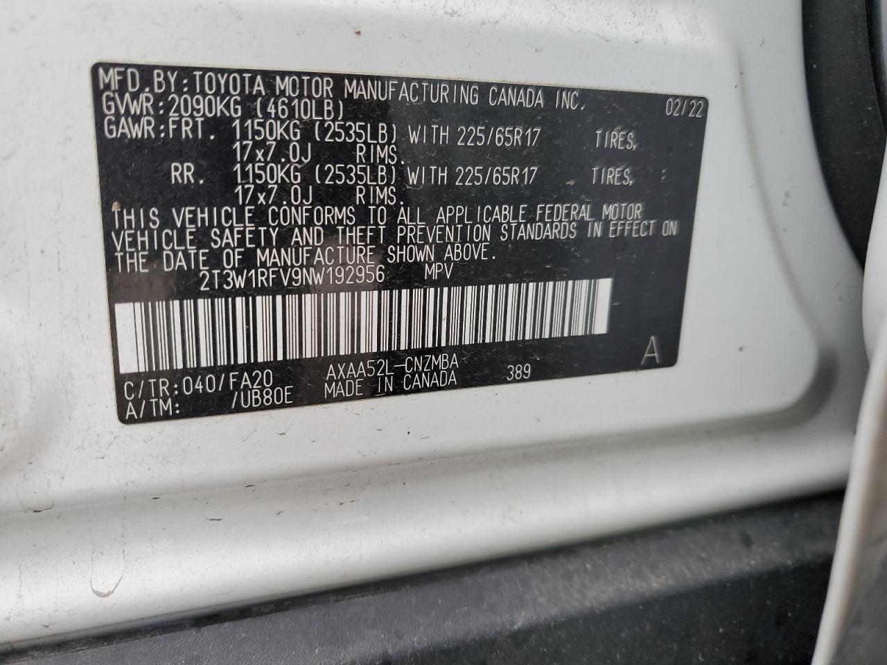 2022 TOYOTA RAV4 XLE VIN:2T3W1RFV9NW192956