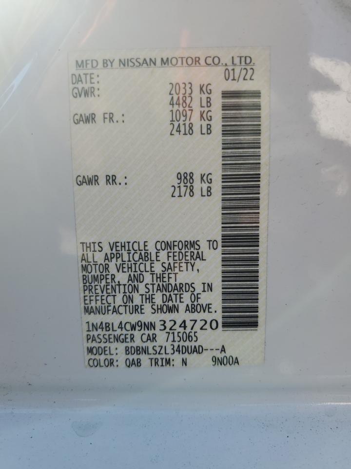 2022 NISSAN ALTIMA SR VIN:1N4BL4CW9NN324720
