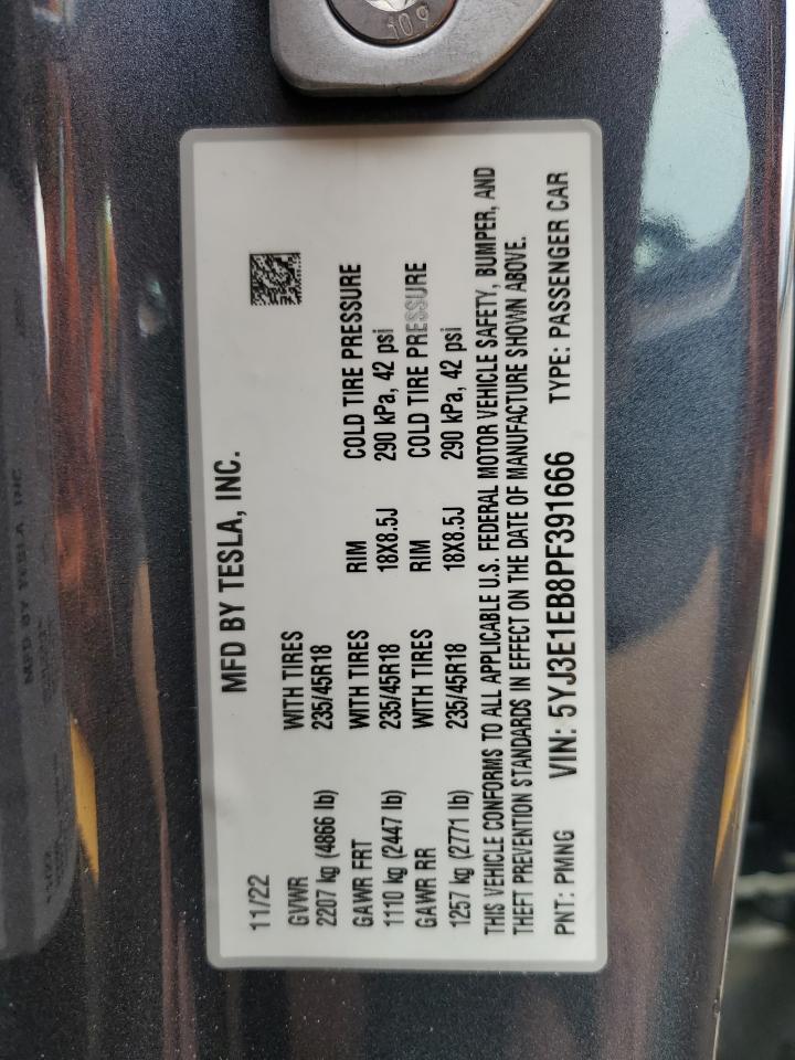 2023 TESLA MODEL 3  VIN:5YJ3E1EB8PF391666