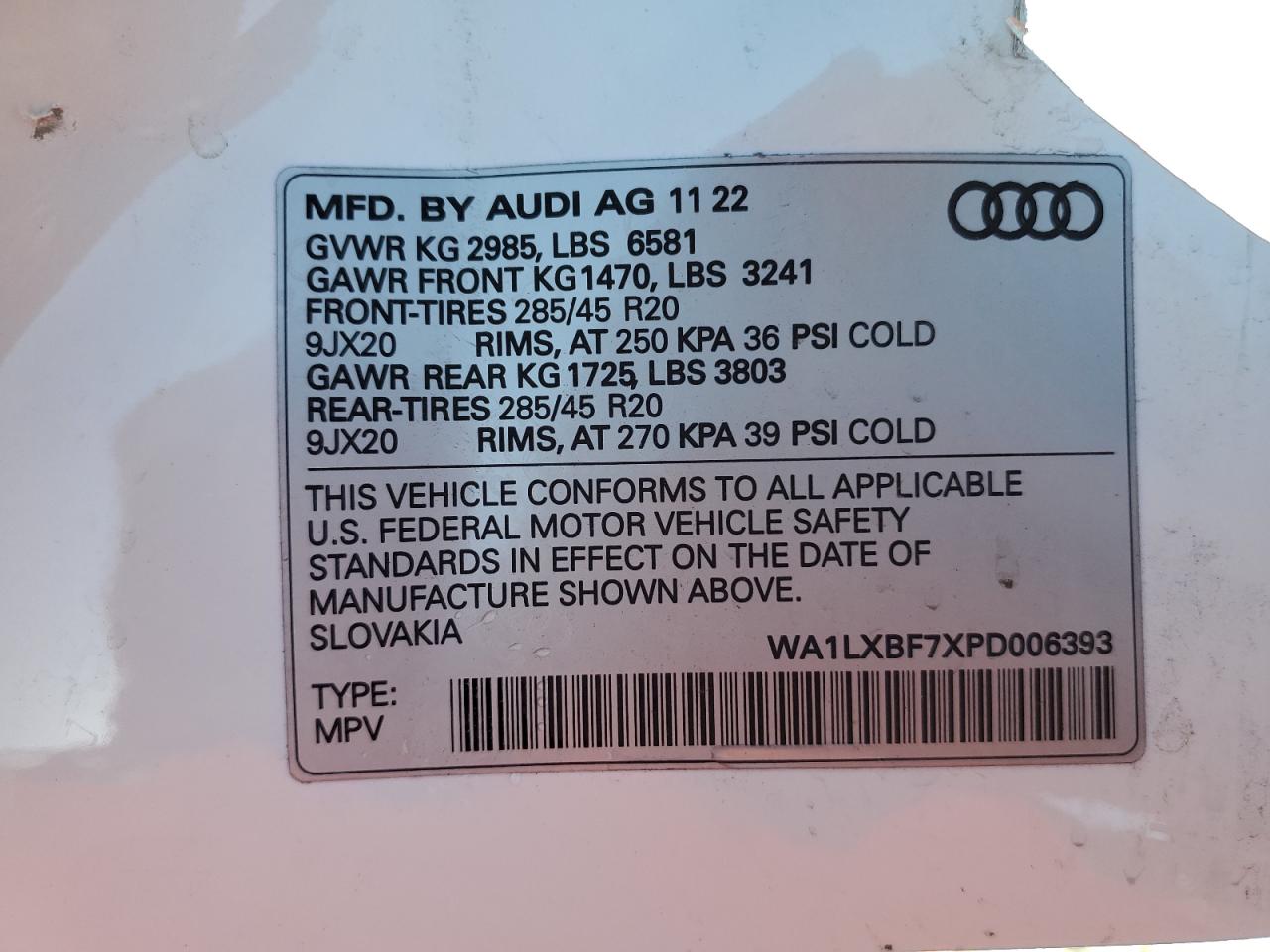 2023 AUDI Q7 PREMIUM PLUS VIN:WA1LXBF7XPD006393