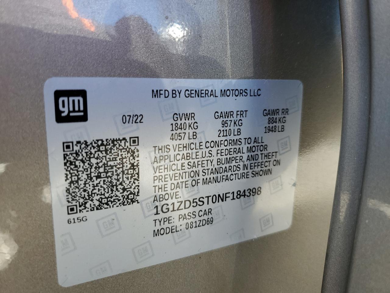 2022 CHEVROLET MALIBU LT VIN:1G1ZD5ST0NF184398