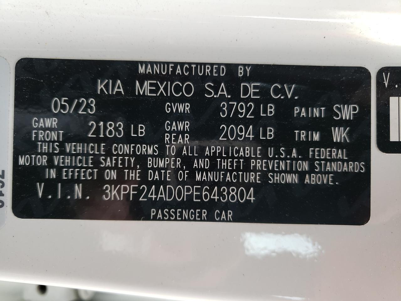 2023 KIA FORTE LX VIN:3KPF24AD0PE643804