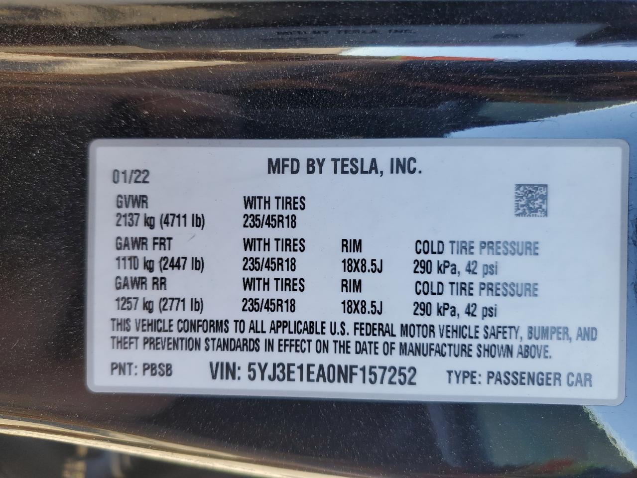 2022 TESLA MODEL 3  VIN:5YJ3E1EA0NF157252