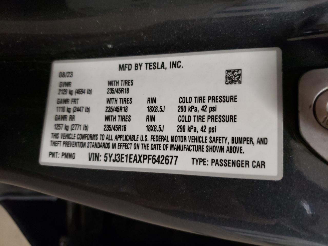 2023 TESLA MODEL 3  VIN:5YJ3E1EAXPF642677