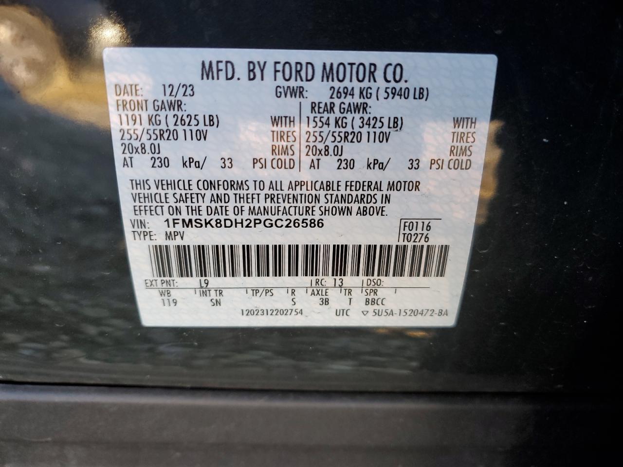 2023 FORD EXPLORER XLT VIN:1FMSK8DH2PGC26586