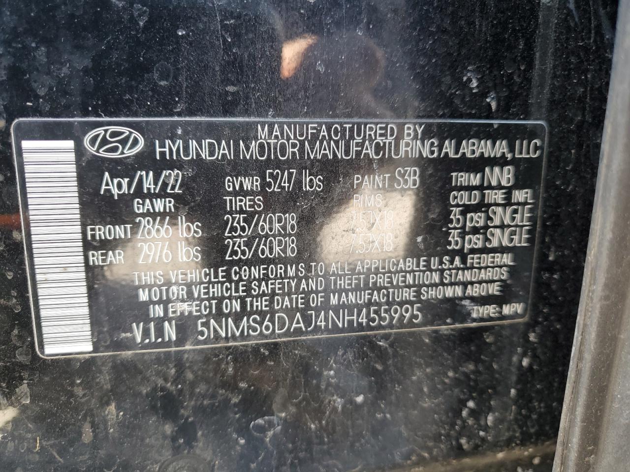 2022 HYUNDAI SANTA FE SEL VIN:5NMS6DAJ4NH455995