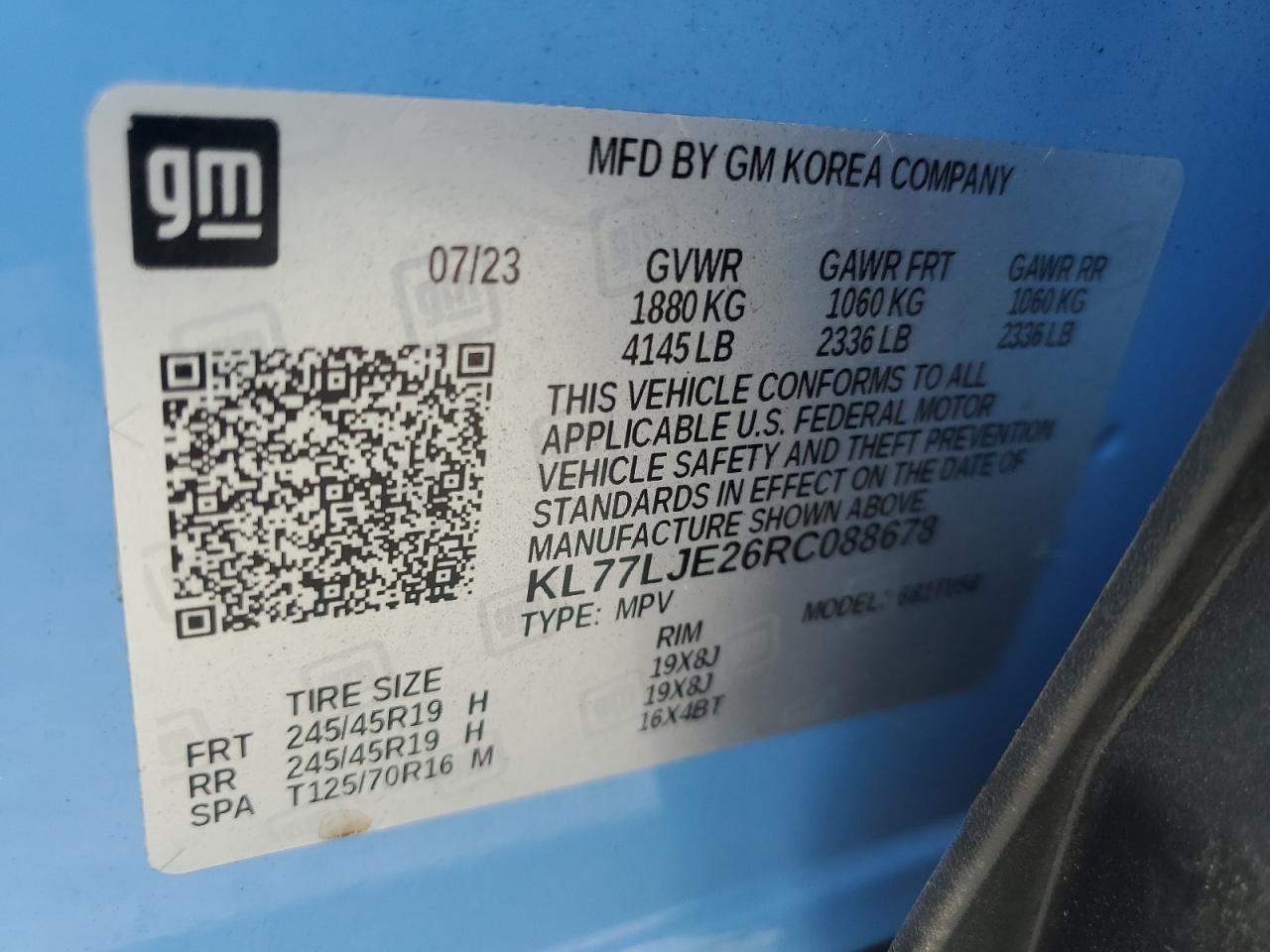 2024 CHEVROLET TRAX 2RS VIN:KL77LJE26RC088678