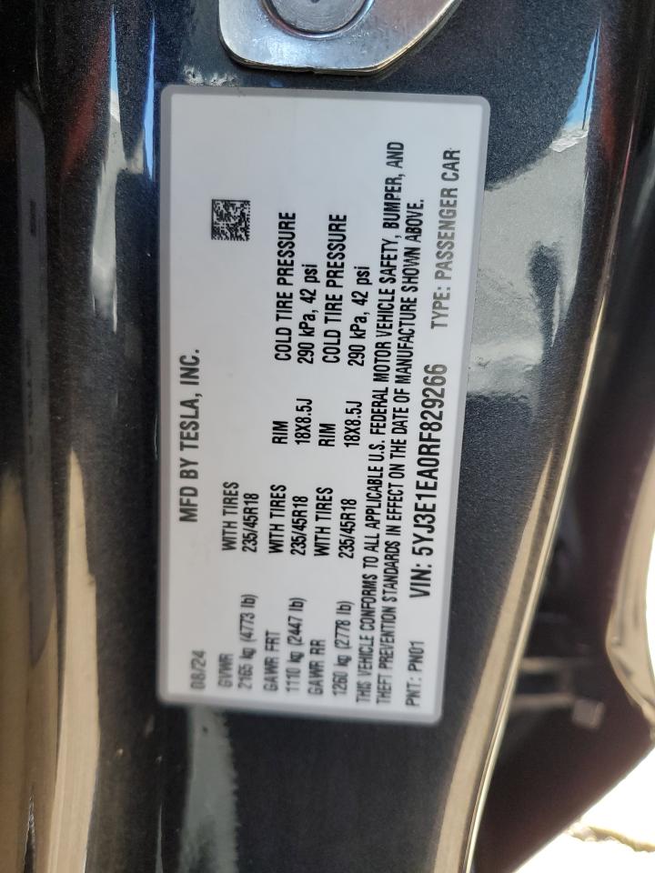 2024 TESLA MODEL 3  VIN:5YJ3E1EA0RF829266