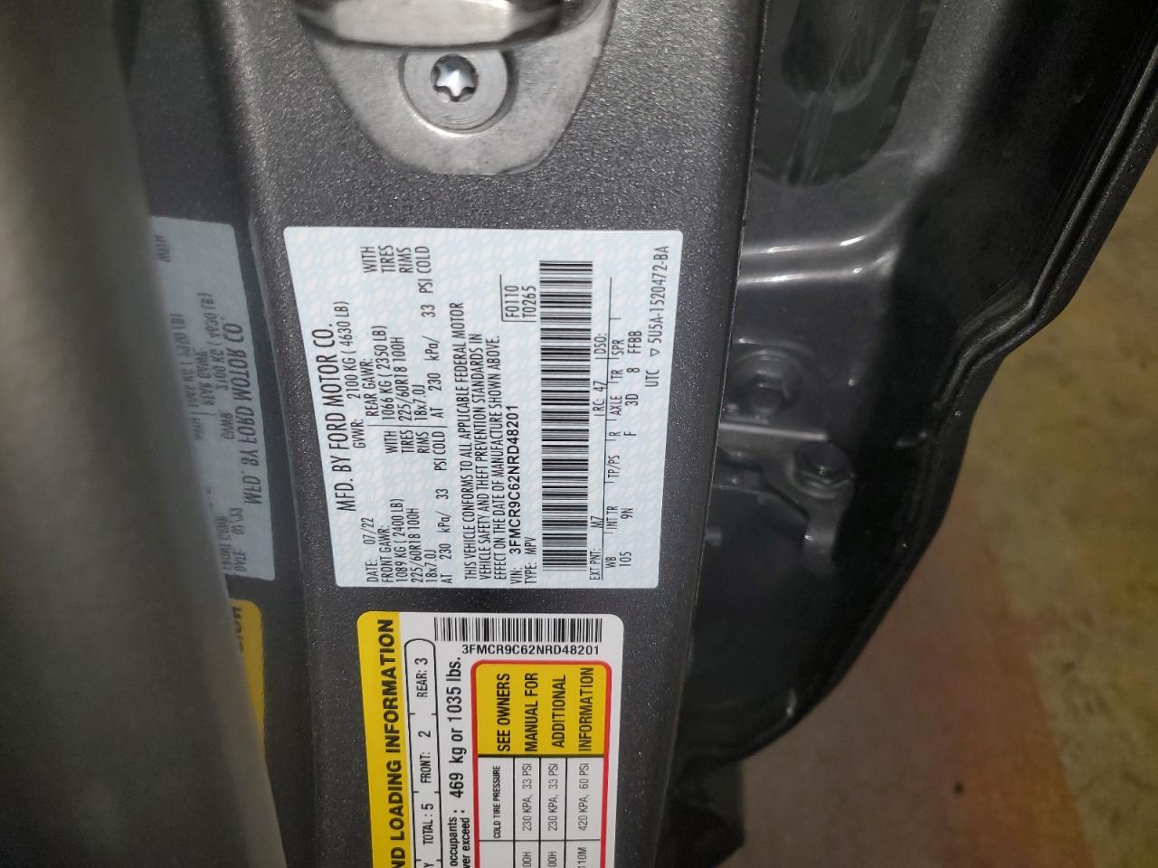 2022 FORD BRONCO SPORT OUTER BANKS VIN:3FMCR9C62NRD48201