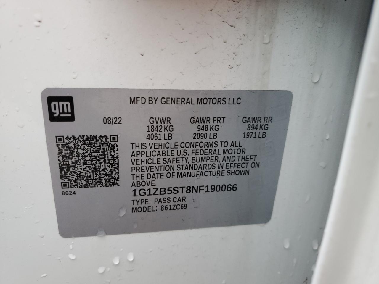 2022 CHEVROLET MALIBU LS VIN:1G1ZB5ST8NF190066