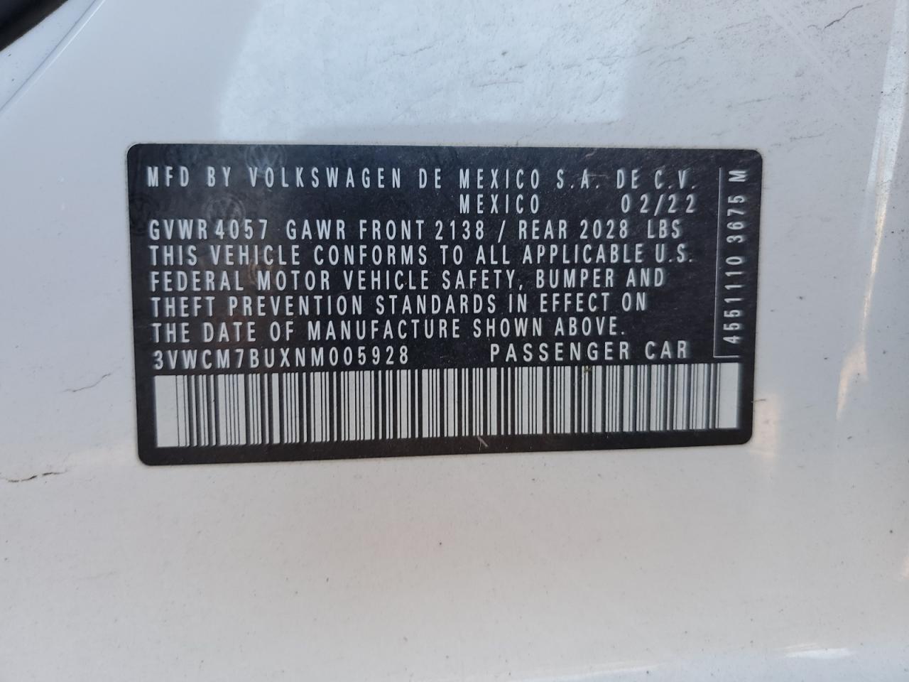2022 VOLKSWAGEN JETTA S VIN:3VWCM7BUXNM005928