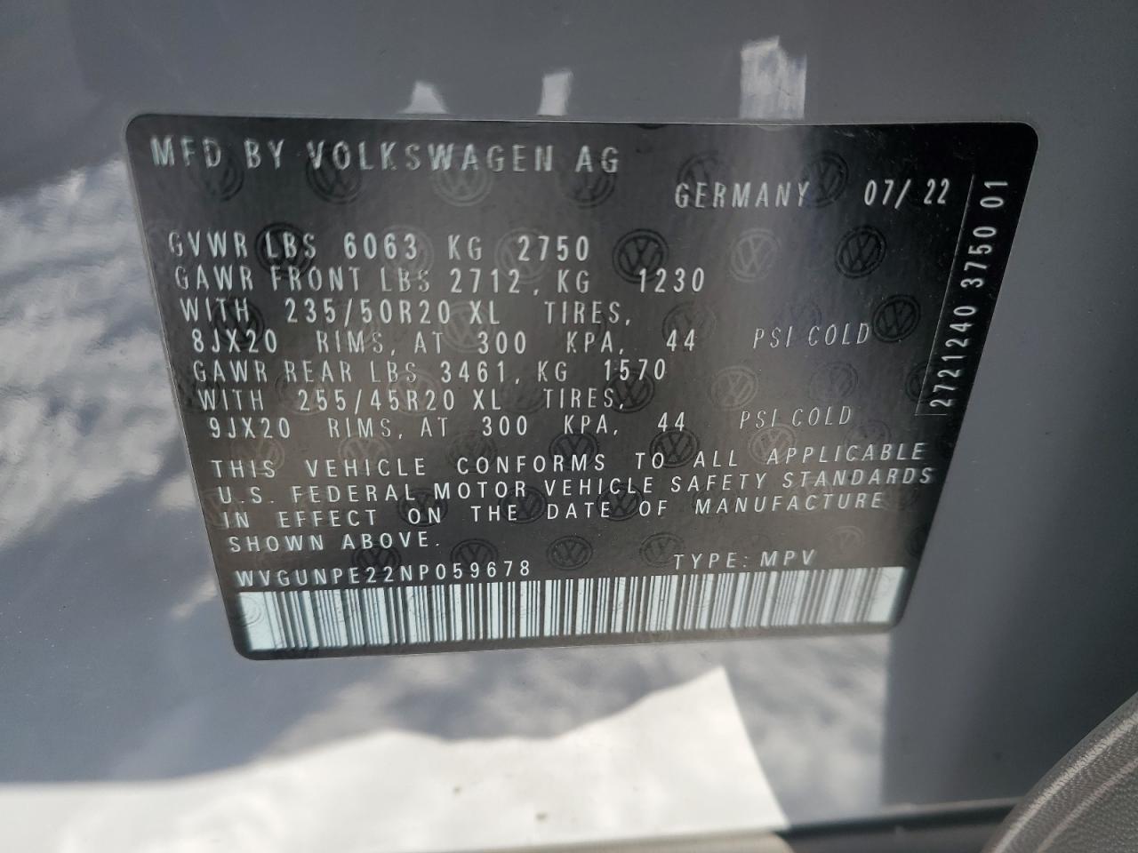 2022 VOLKSWAGEN ID.4 PRO S VIN:WVGUNPE22NP059678