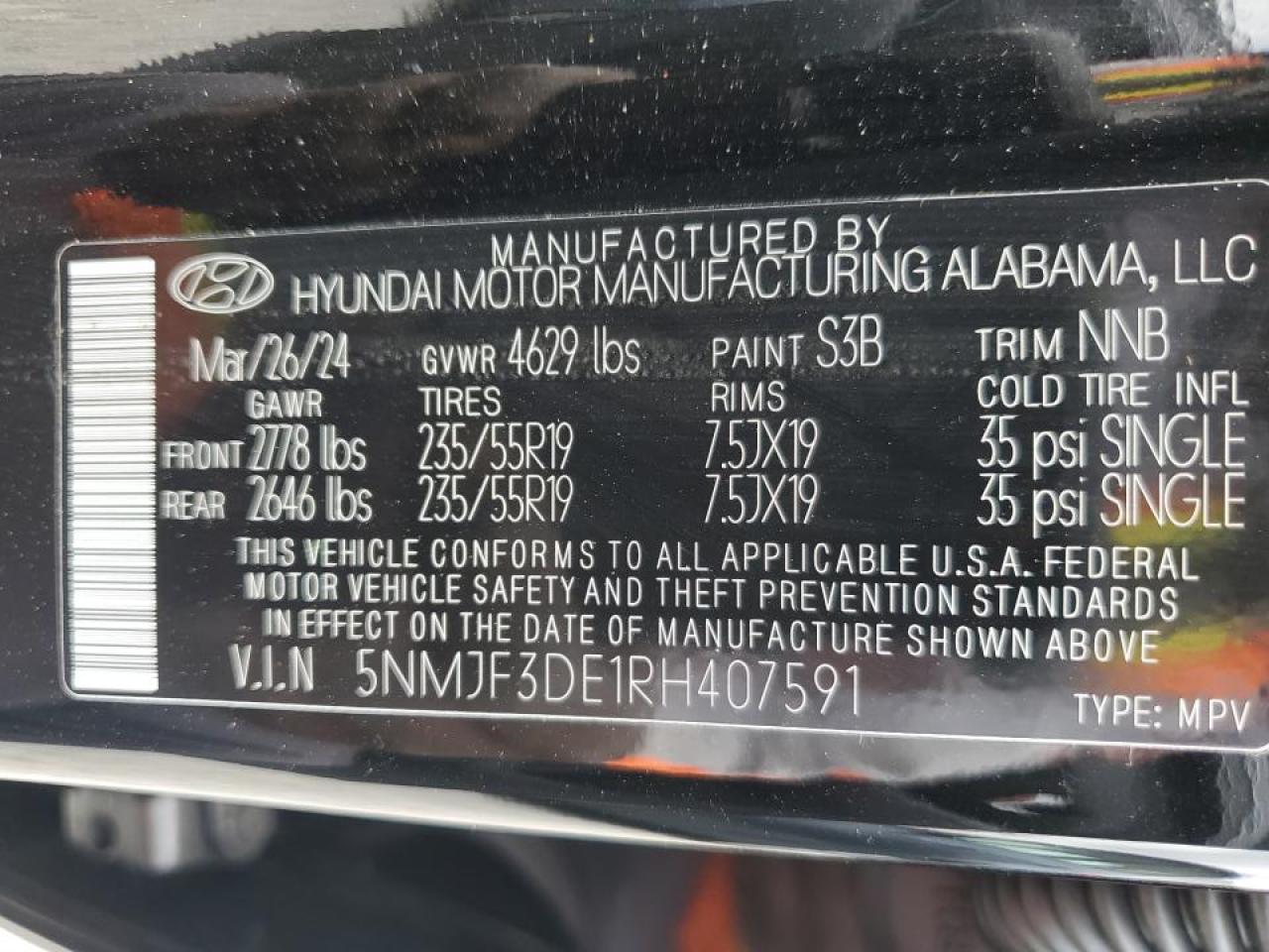 2024 HYUNDAI TUCSON SEL VIN:5NMJF3DE1RH407591