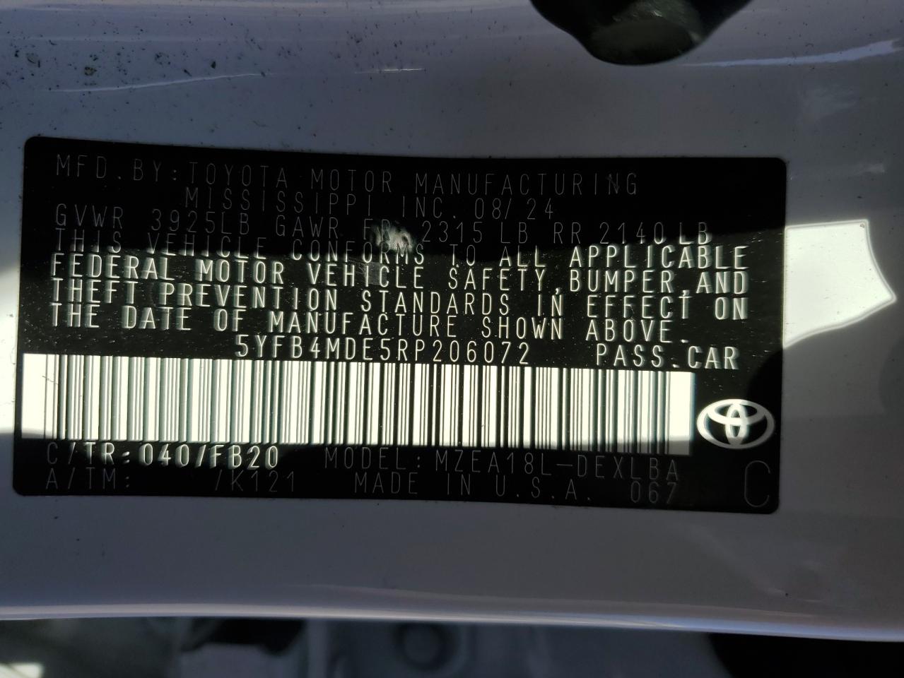 2024 TOYOTA COROLLA LE VIN:2C3CDZBT8KH660495