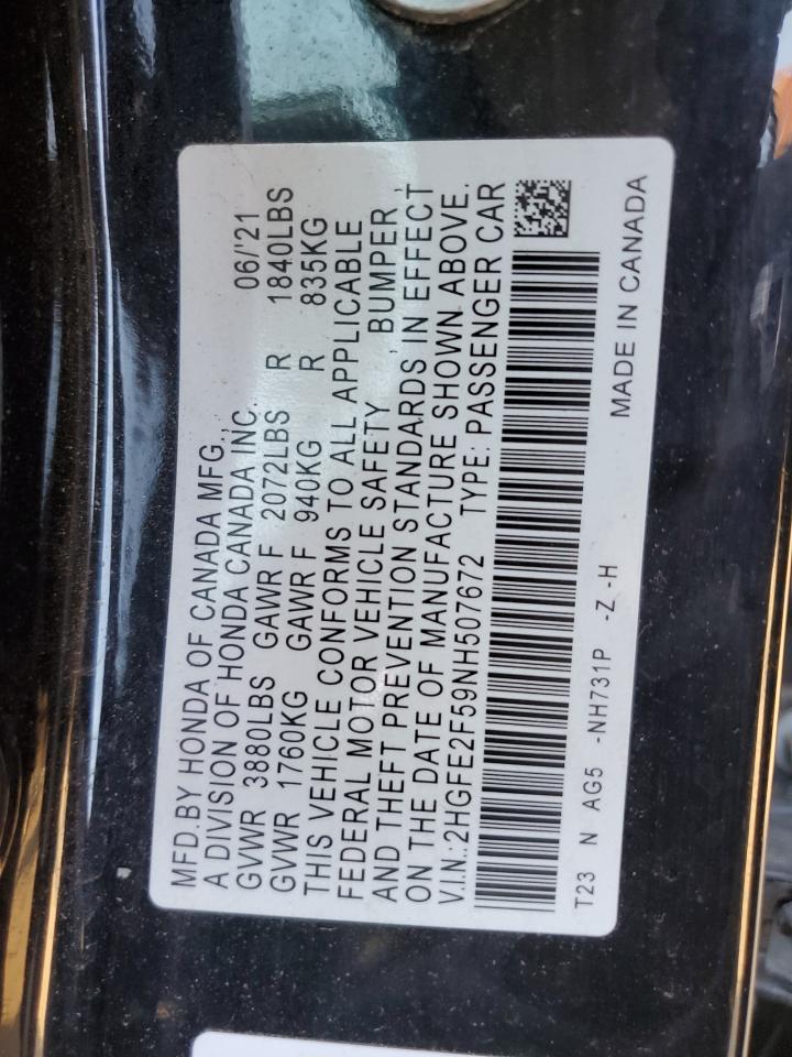2022 HONDA CIVIC SPORT VIN:2HGFE2F59NH507672