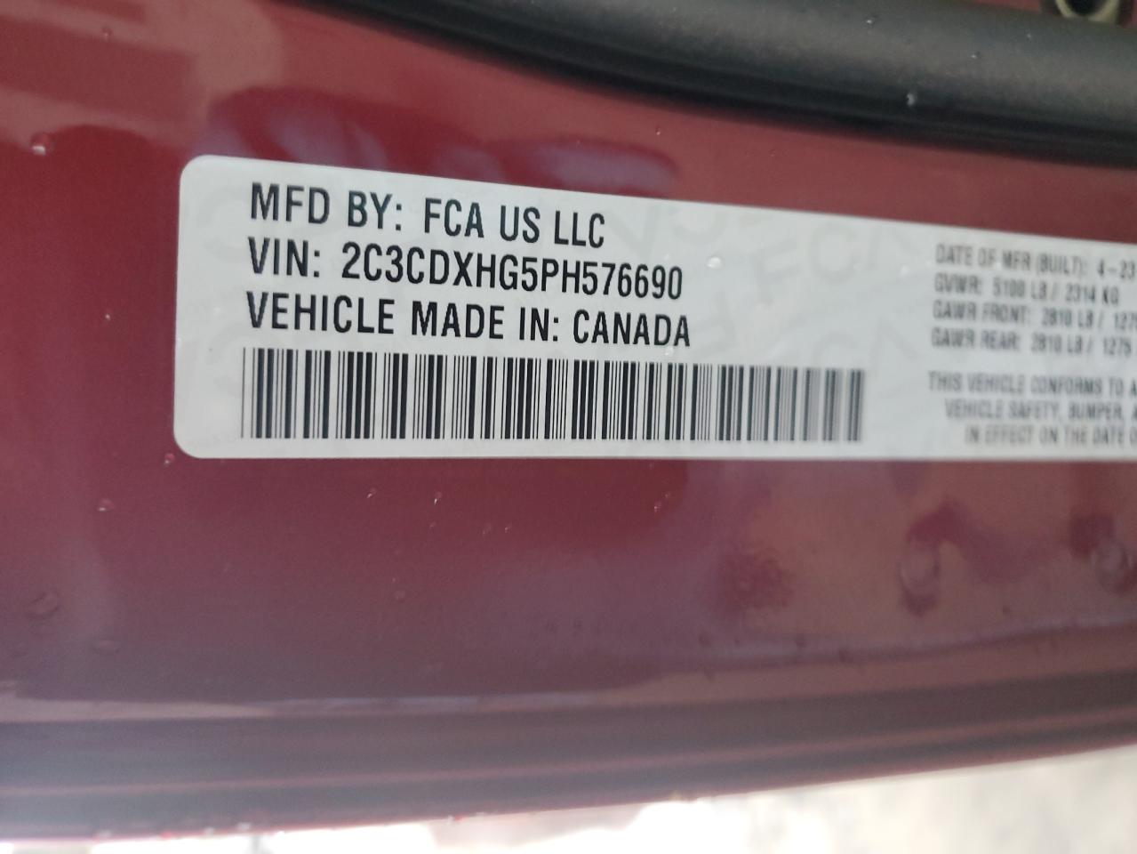 2023 DODGE CHARGER GT VIN:2C3CDXHG5PH576690