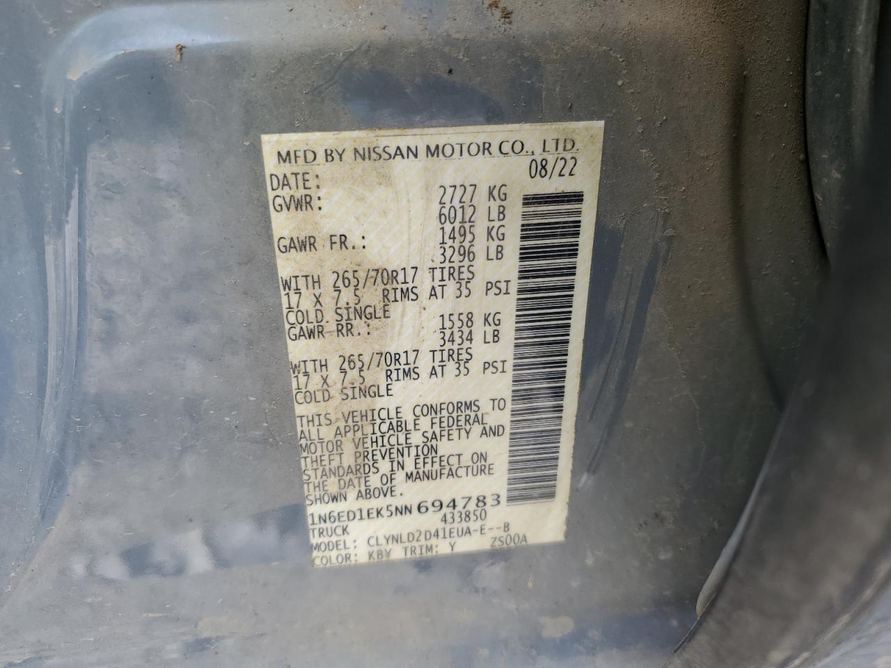 2022 NISSAN FRONTIER S VIN:1N6ED1EK5NN694783