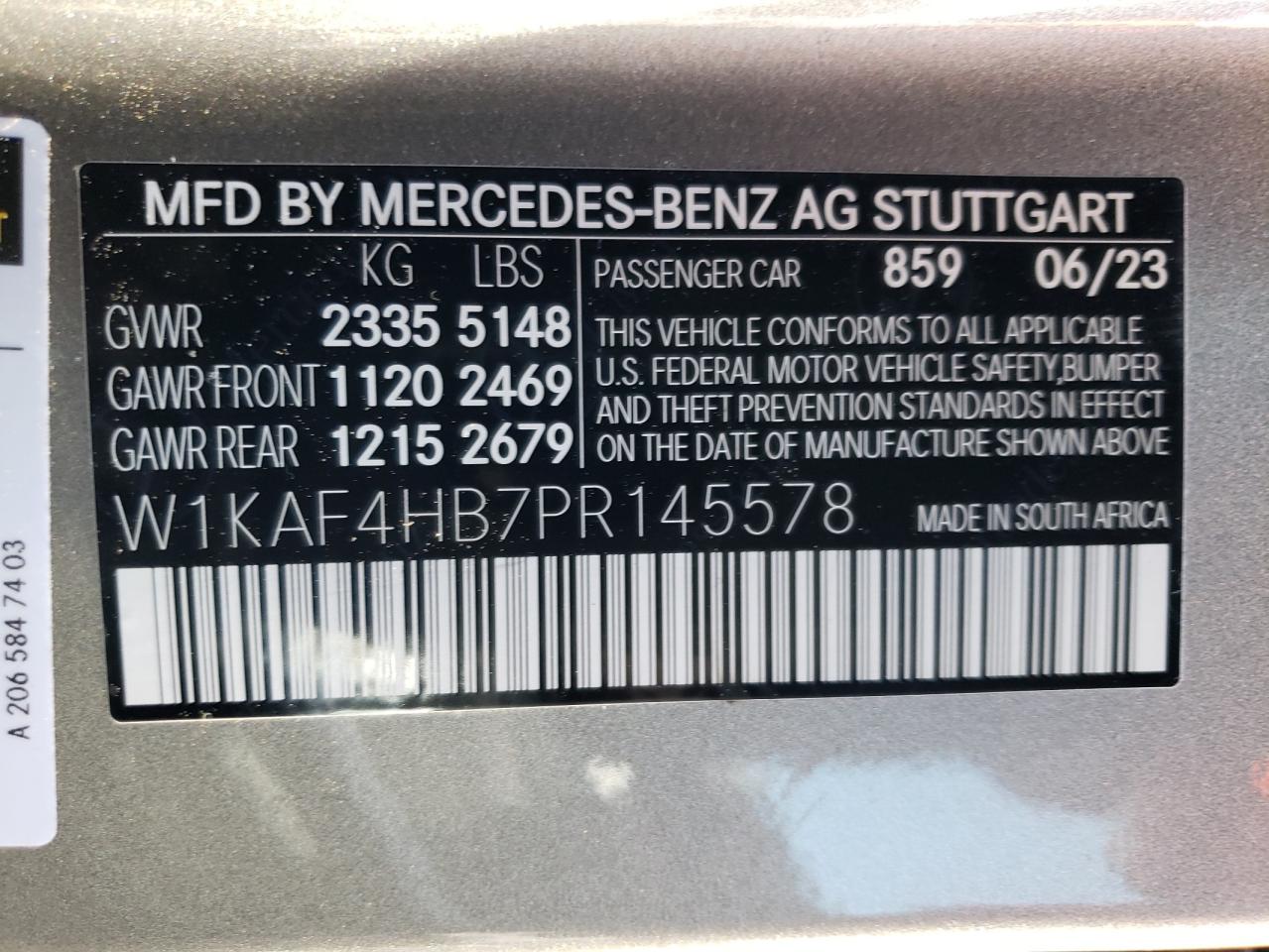 2023 MERCEDES-BENZ C 300 4MATIC VIN:W1KAF4HB7PR145578