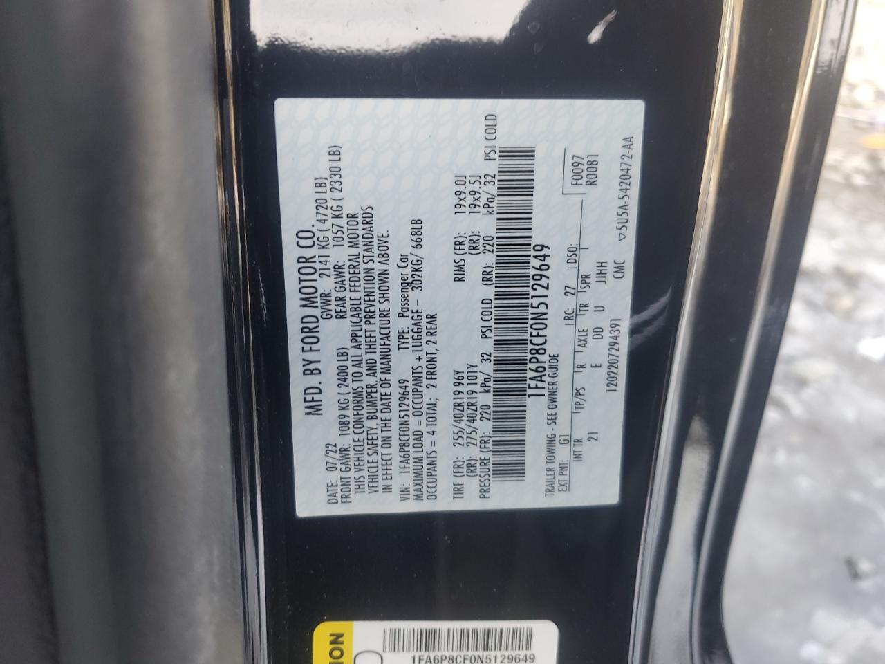 2022 FORD MUSTANG GT VIN:1FA6P8CF0N5129649