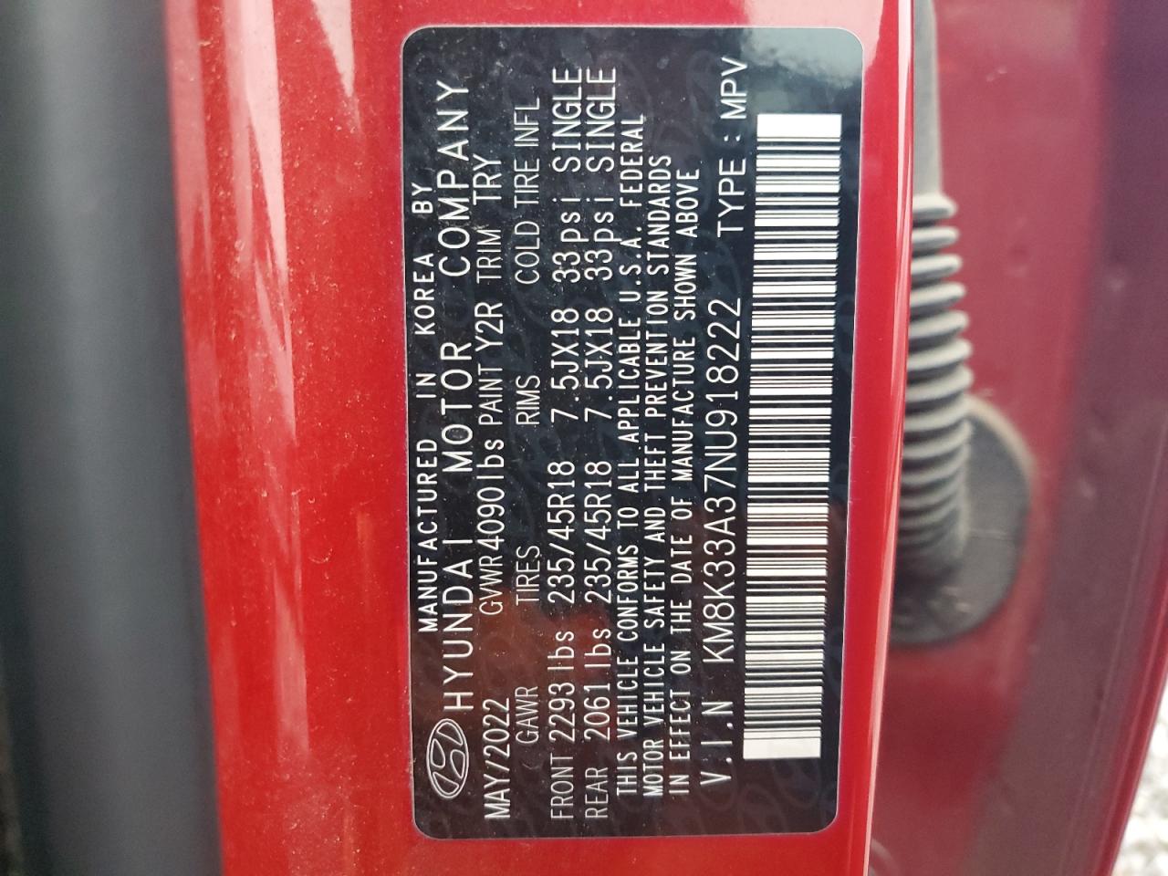 2022 HYUNDAI KONA N LINE VIN:KM8K33A37NU918222